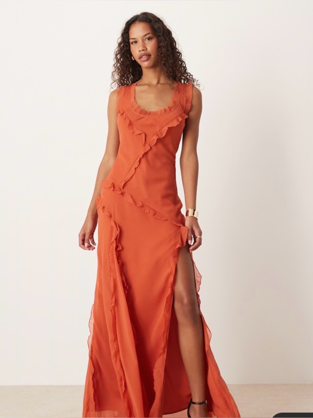 ASOS DESIGN raw edge scoop neck ruffle maxi dress with low back in rust